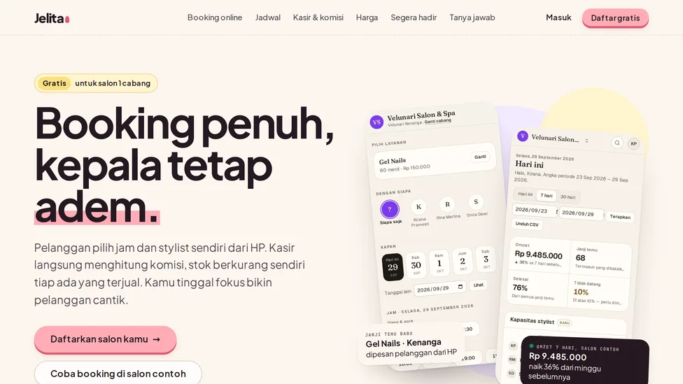 Jelita's landing page, salon software