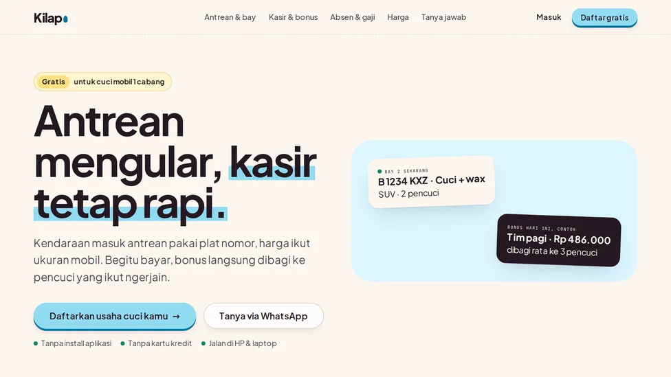 Kilap's landing page, car wash software