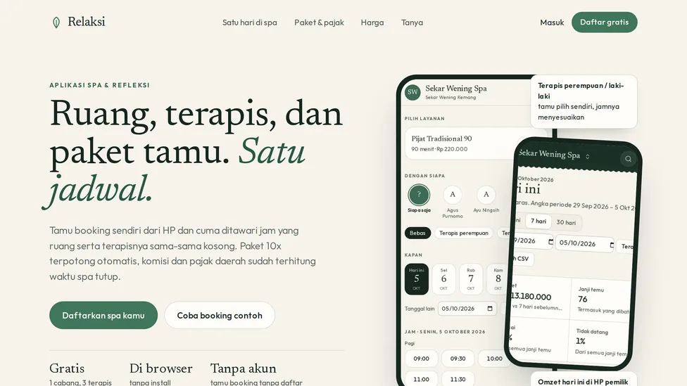 Relaksi's landing page, spa software