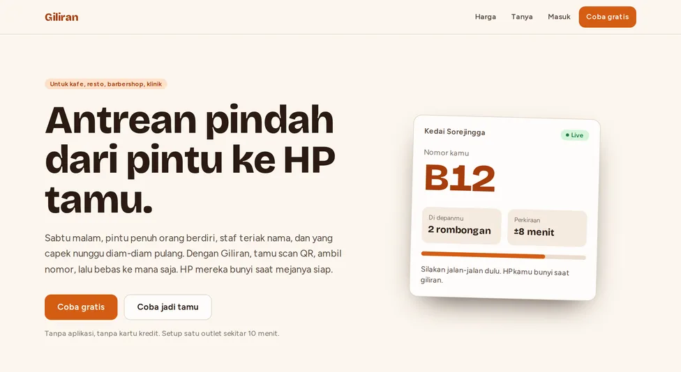 Halaman depan Giliran: antrean walk-in tanpa aplikasi