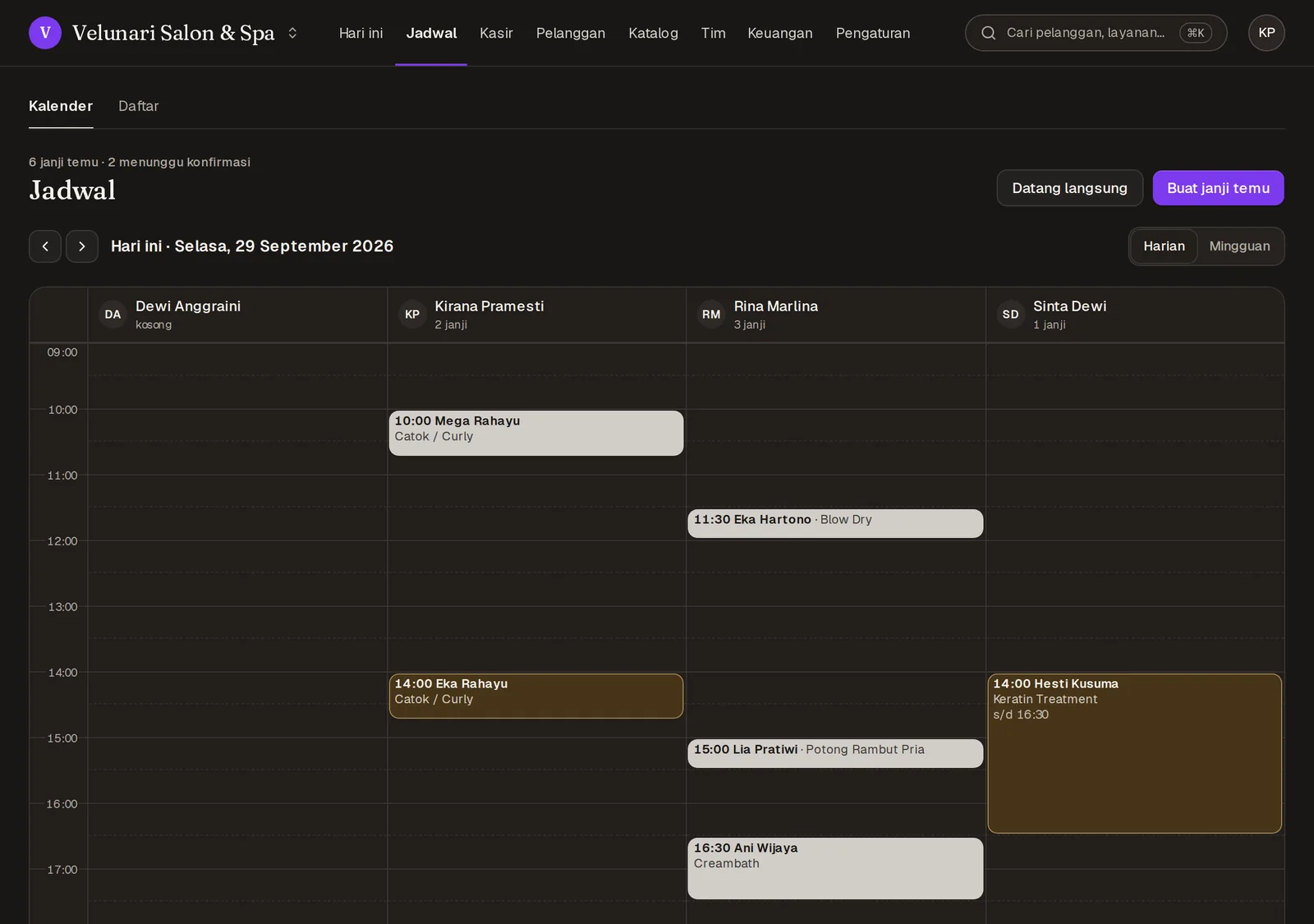 Jelita's appointment calendar by stylist