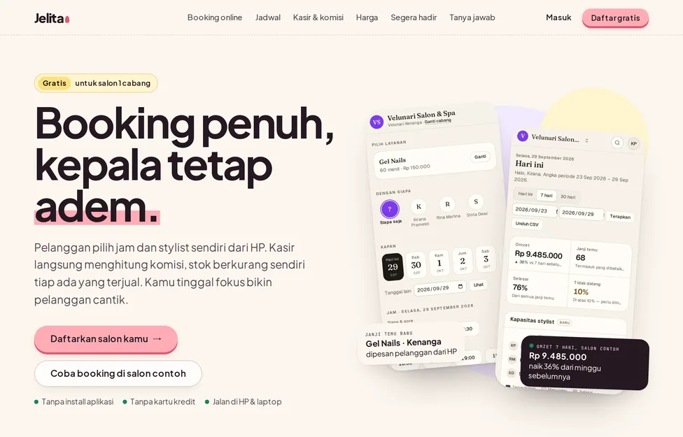 Jelita's home page: online booking, point of sale, and commissions for salons