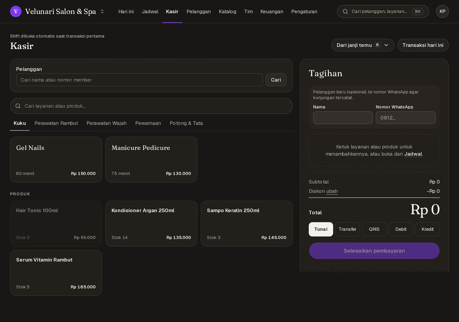 Jelita's point-of-sale screen with services and products