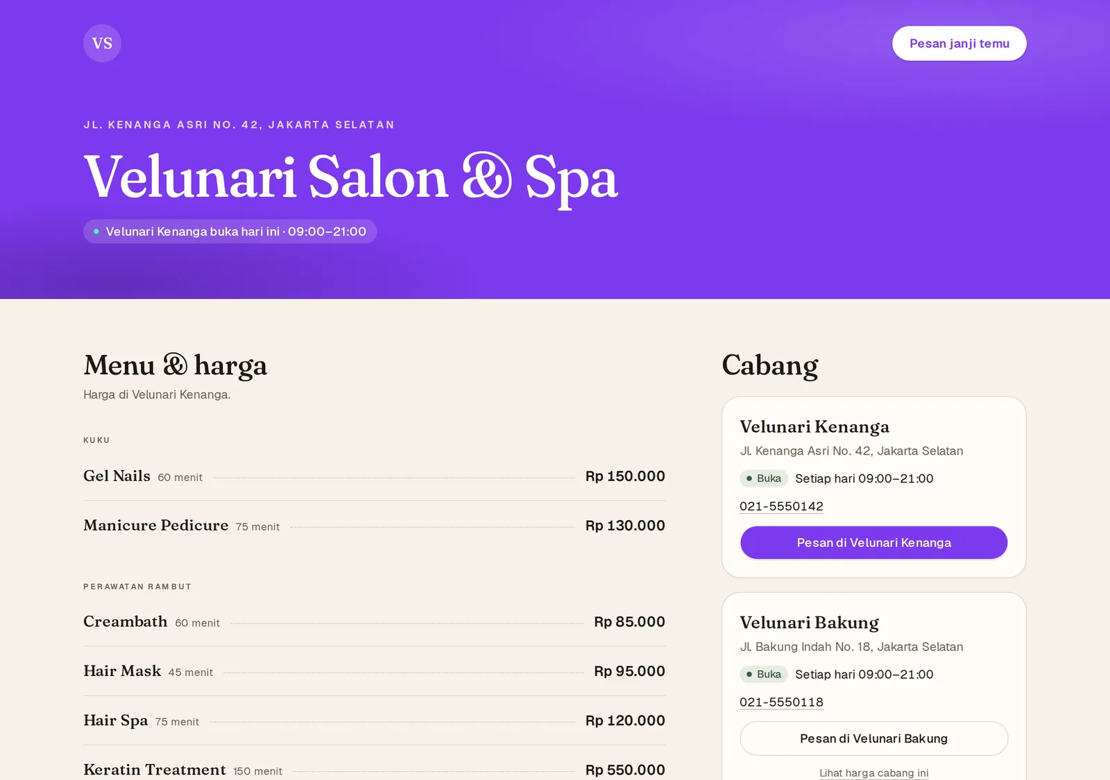 A sample salon's page on Jelita with services, prices, and branches