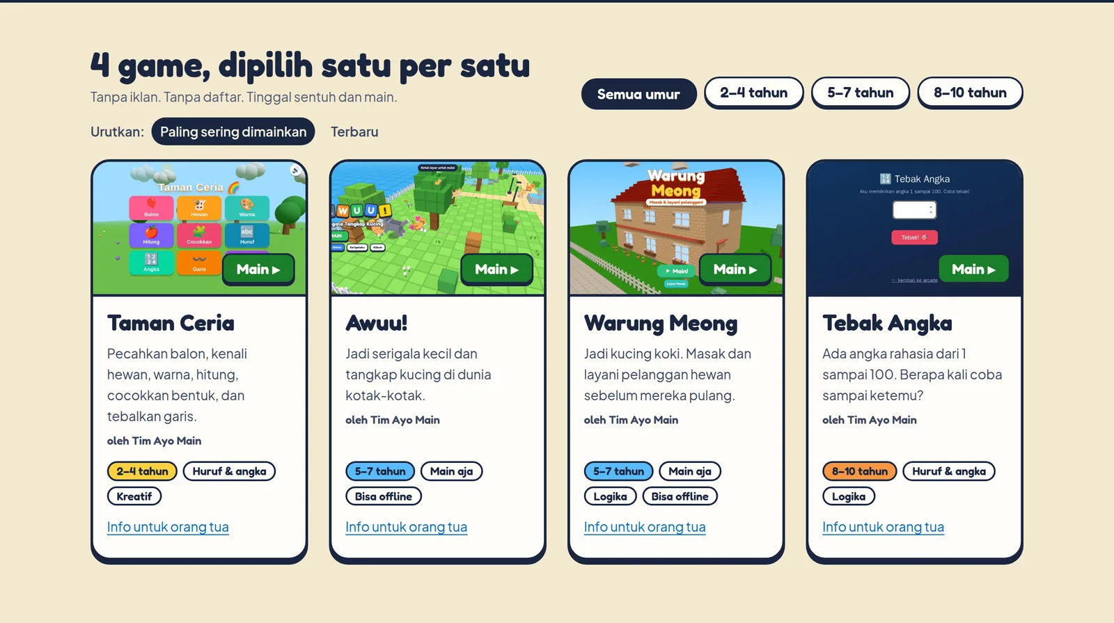 Katalog game Ayo Main dengan filter umur