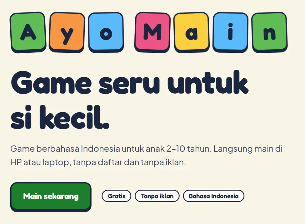 Halaman depan Ayo Main dengan logo balok warna-warni