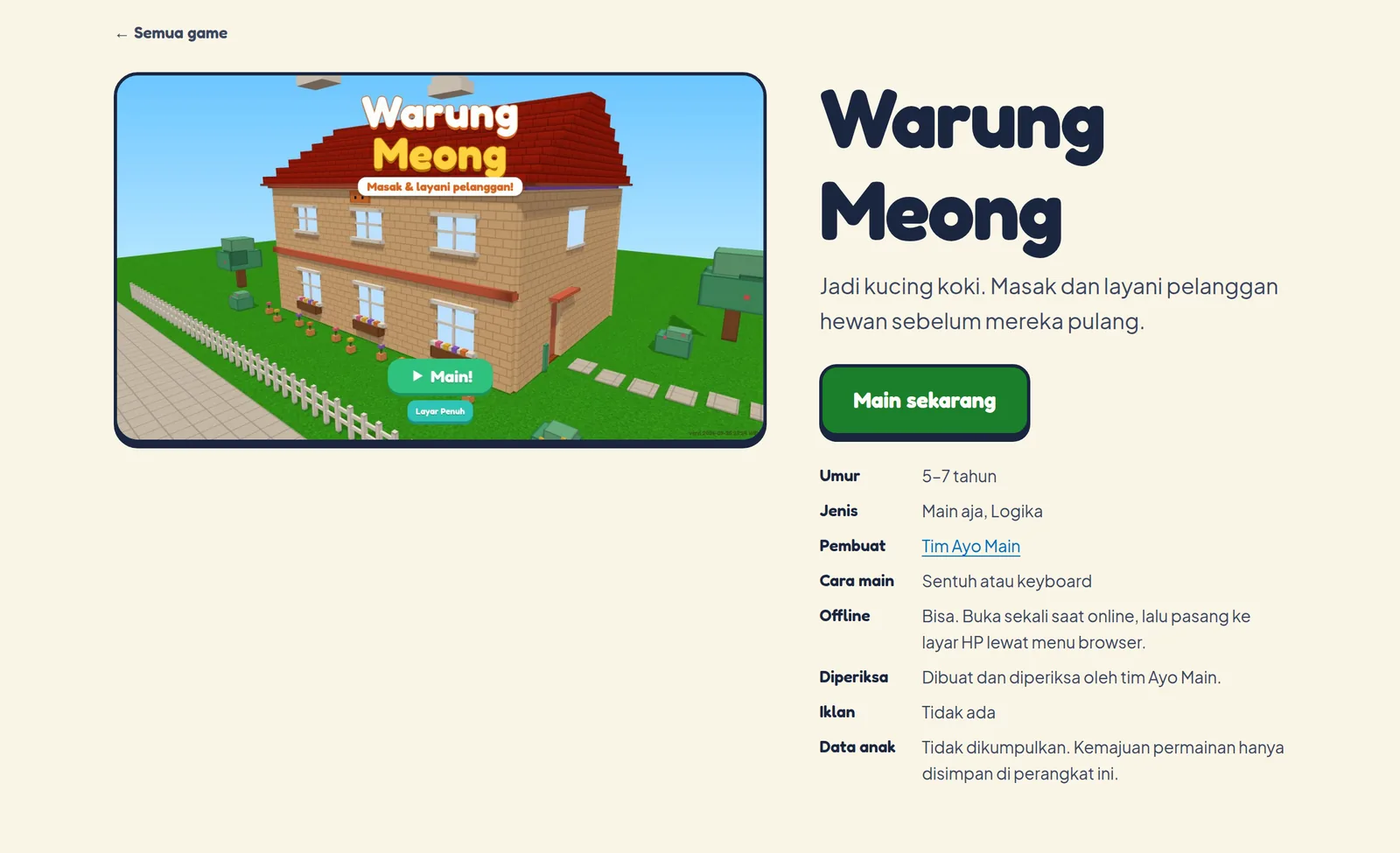 Halaman info game Warung Meong untuk orang tua
