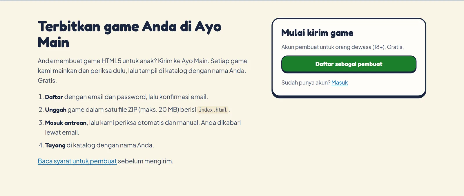 Halaman untuk pembuat game di Ayo Main