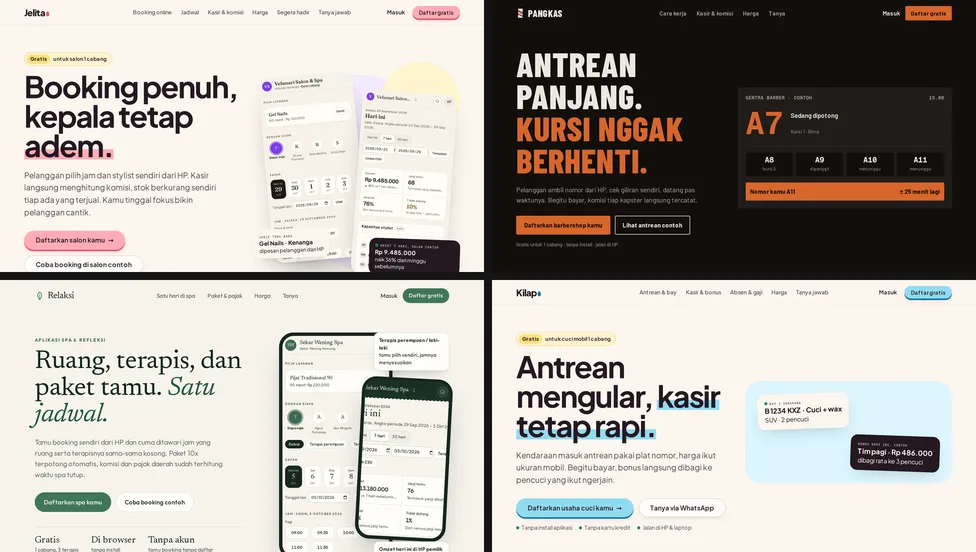 The landing pages of Jelita, Pangkas, Relaksi and Kilap